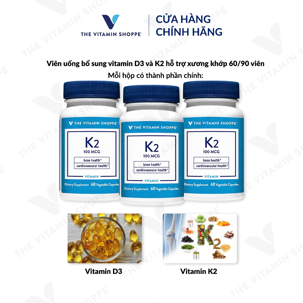 Viên uống bổ sung vitamin D3 và K The Vitamin Shoppe K2 hỗ trợ xương khớp 60/90 viên