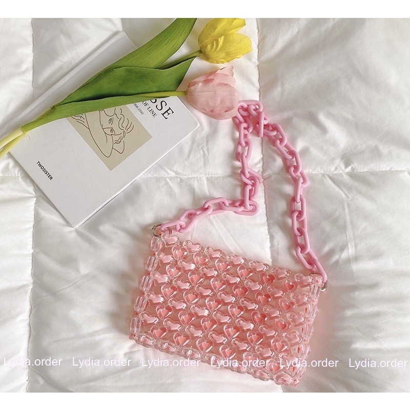 Túi xách hạt acrylic trái tim màu hồng TỰ LÀM