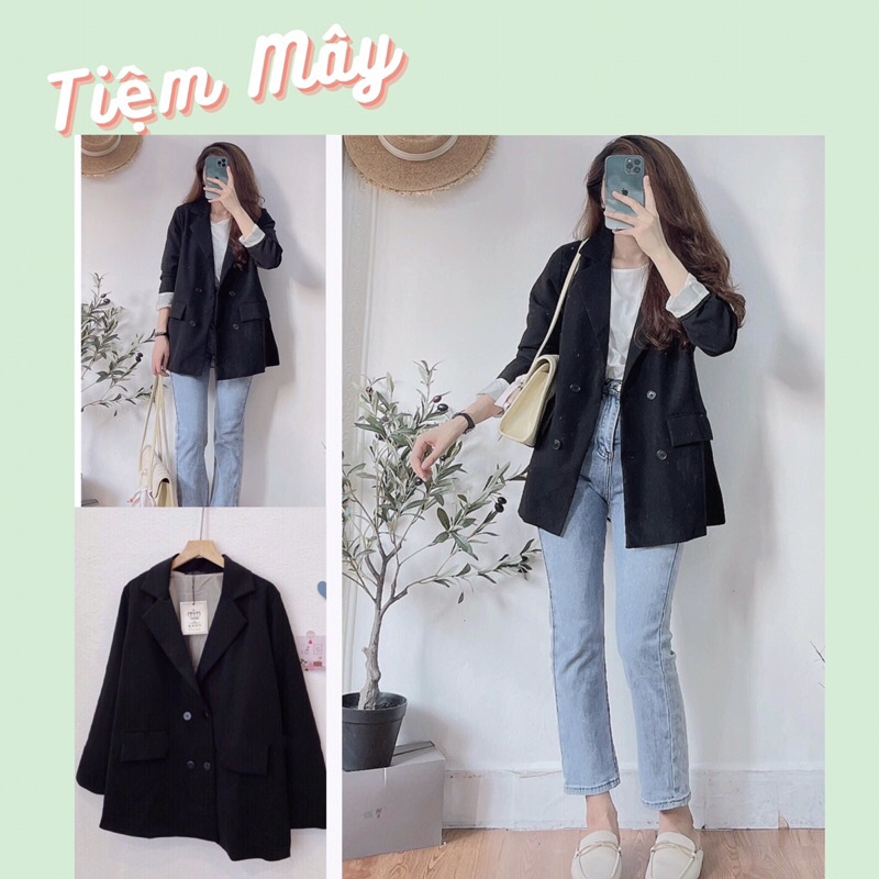 Áo blazer đen 2 lớp loại đẹp - Áo vét blazer đen túi nắp Korea