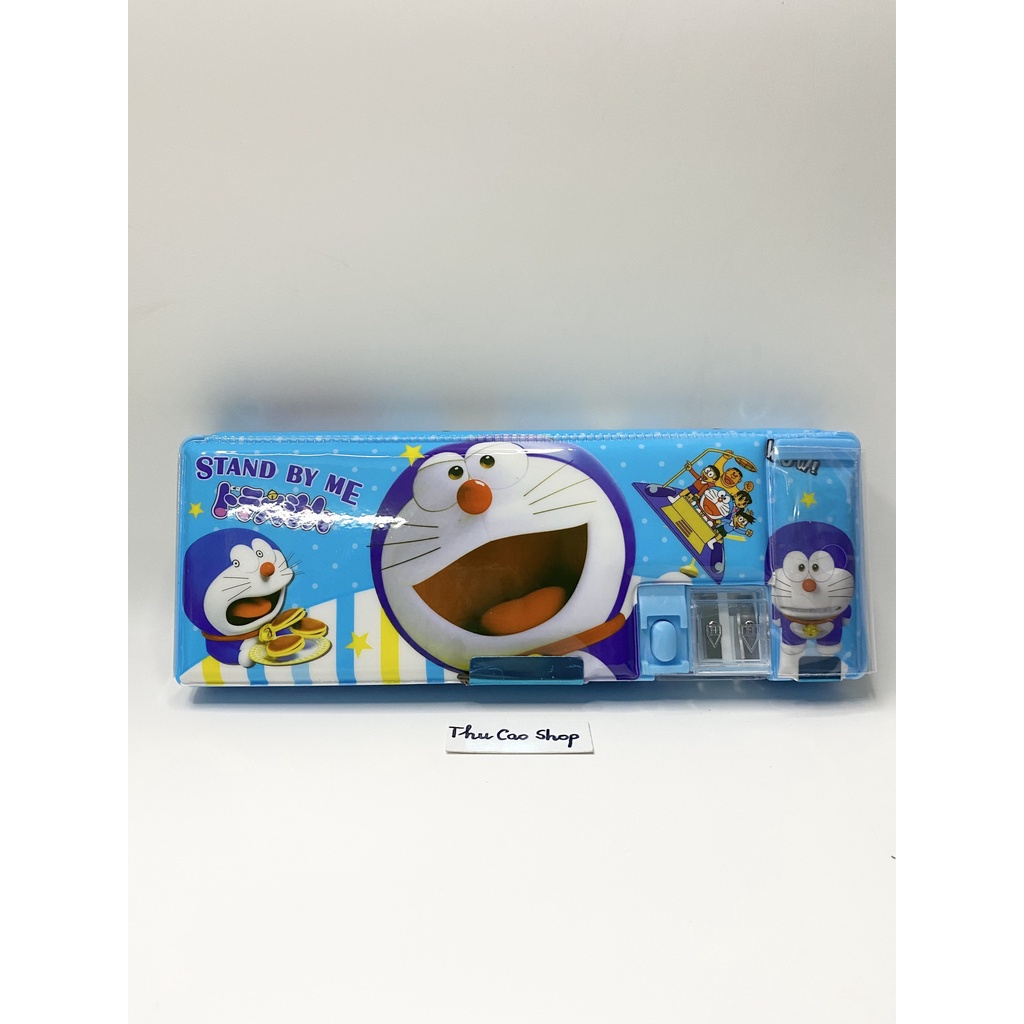 Hộp Bút cho bé - Bóp viết đựng bút nhựa - Bóp Hít Hình Doraemon 2 ngăn kèm đồ gọt bút chì