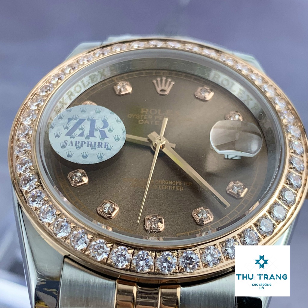 Đồng hồ nam Rolex cơ Automatic máy nhật mẫu Classic mặt nâu viền đá dây demi size 40-41mm