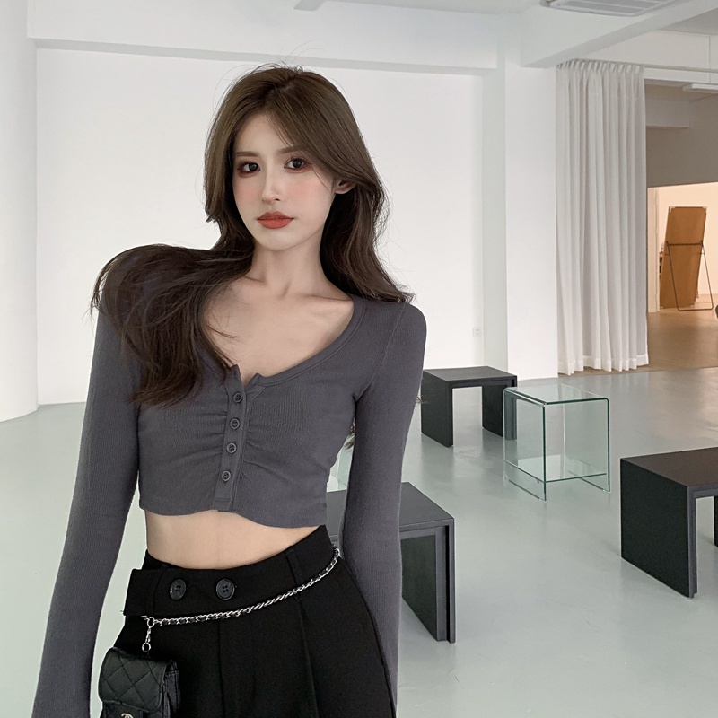 Áo Thun COZOK Tay Dài Cổ Chữ U Thiết Kế Độc Đáo Thời Trang Cho Nữ