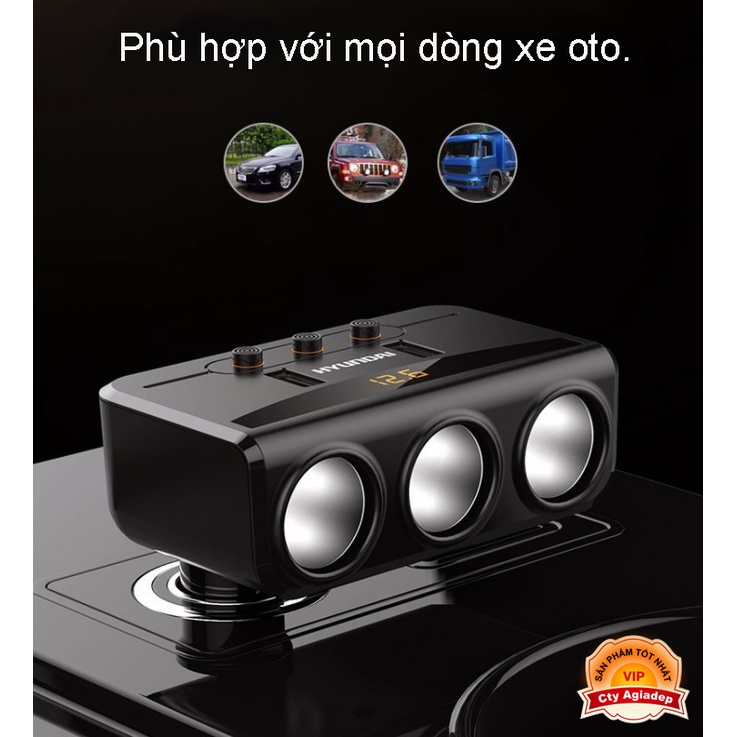 Bộ chia tẩu sạc oto xe hơi cao cấp hàng hiệu HYUNDAI (2 cổng USB, 3 cổng sạc) AHY29