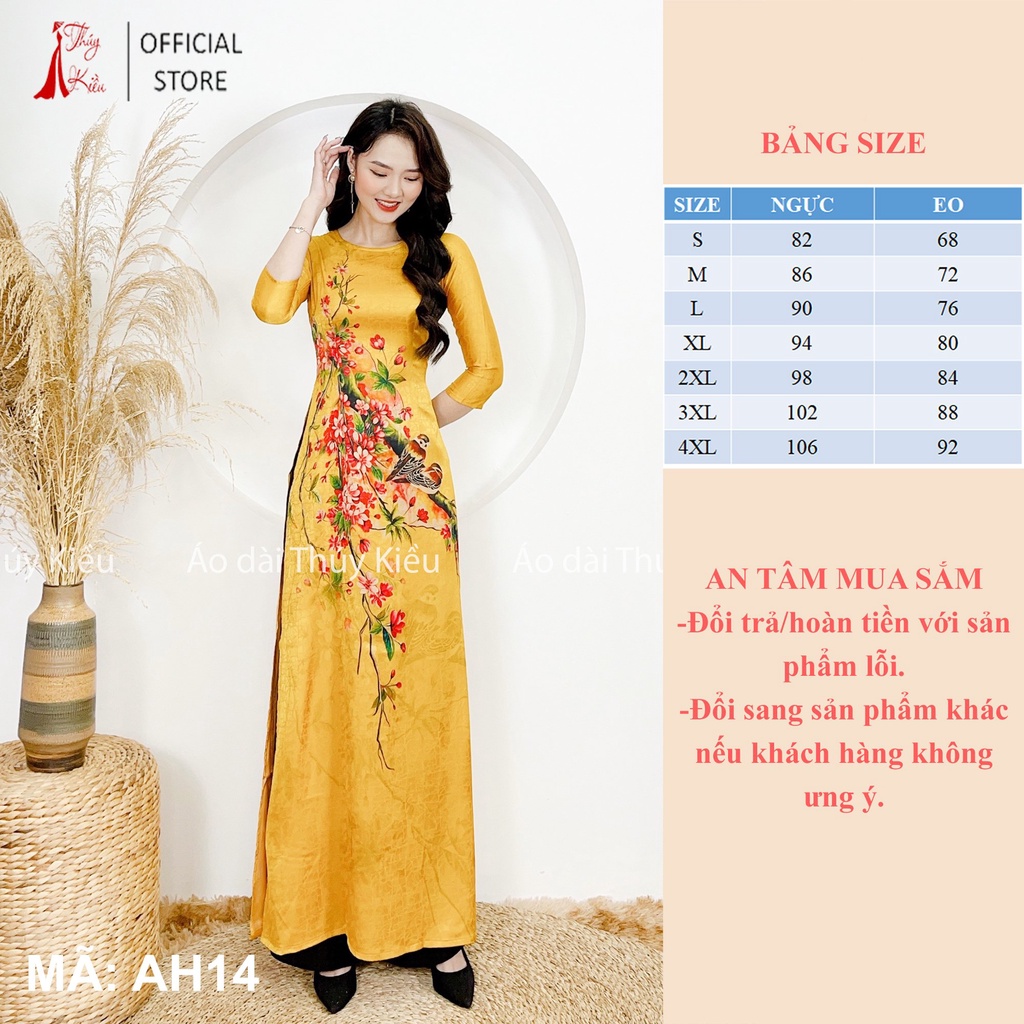 Áo dài đẹp may sẵn thiết kế nữ trung niên cách tân tết vàng hoa đào AH14 mềm mại, co giãn