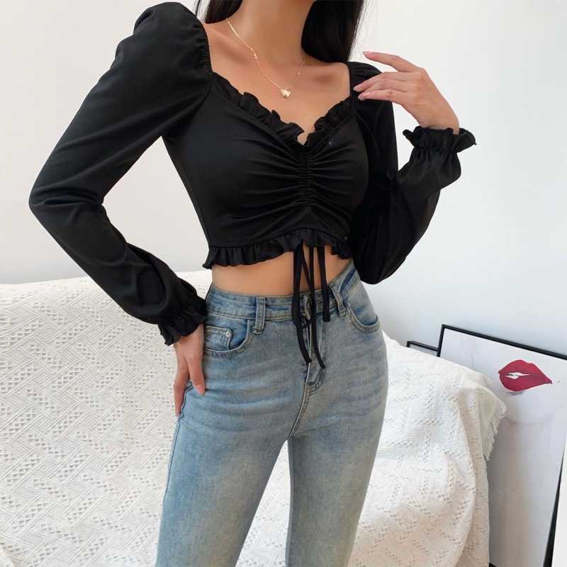 Áo Croptop Tay Dài Cổ Chữ V Phối Dây Rút Phong Cách Gothic Quyến Rũ Cho Nữ