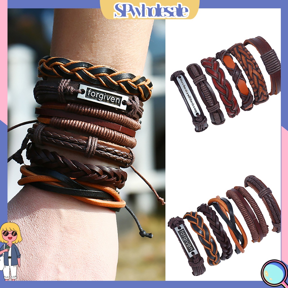 Bộ 6 vòng đeo tay handmade kiểu dây bện giả da phong cách punk cổ điển dành cho nam
