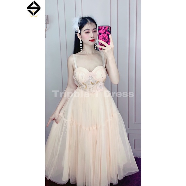 Đầm xoè công chúa 2 dây siêu xinh kết hoa nổi TRIPBLE T DRESS - size M/L - MS395V