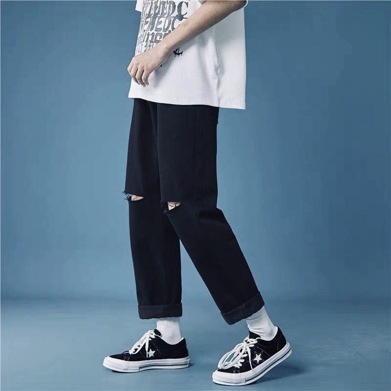 QUẦN BAGGY JEANS ỐNG SUÔNG RÁCH GỐI UNISEX NAM NỮ