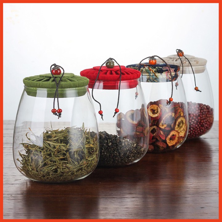 Lọ thủy tinh có nắp bọc vải cao cấp trang trí nhà cửa