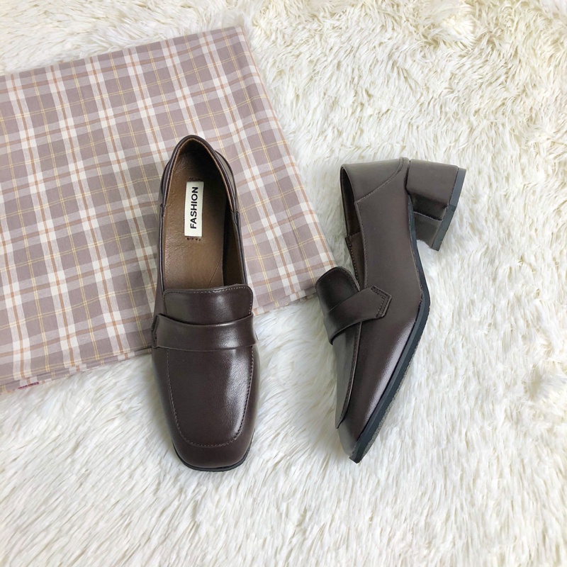 Giày Loafer giẩm gót đeo 2 kiểu mũi vuông cao gót vintage phong cách Pháp