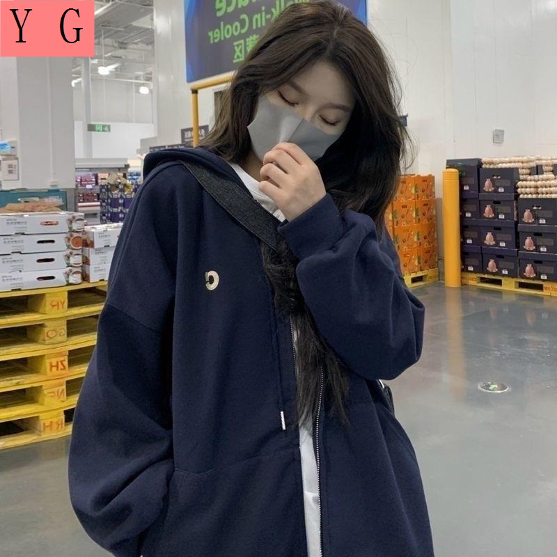 Áo khoác  hoodie zip áo hoodie nữ Áo Khoác Nỉ Dày Dặn Màu Xanh Navy Thêu Chữ Có Khóa Kéo Phong Cách Mới
