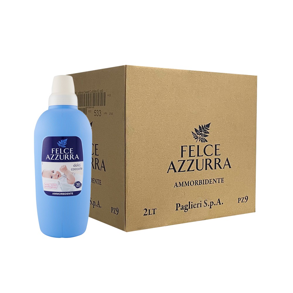 Thùng nước xả vải hương nước hoa Ý Felce Azzurra siêu thơm mềm mại 2Lx 9chai, hương cỏ sả, vanilla, hoa hồng, phấn talc