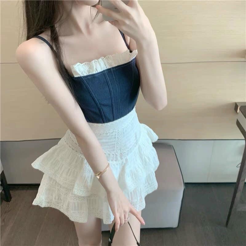 SET ÁO JEAN + CV TRẮNG VIỀN REN