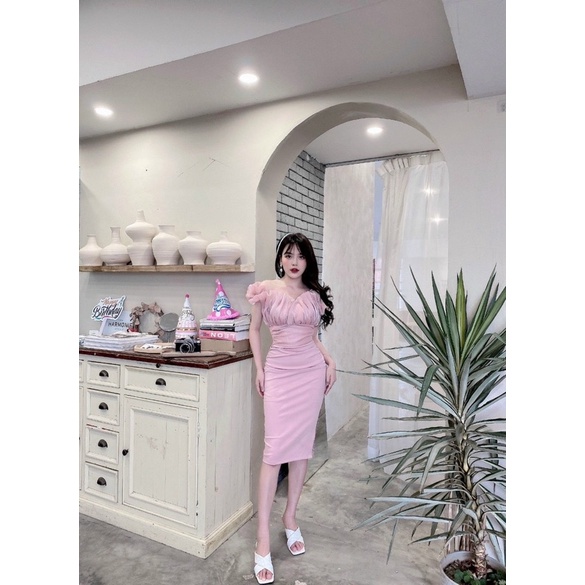 Váy đầm nữ body hở vai,tay ngắn bồng cao cấp sang chảnh dự tiệc trẻ trung trắng hồng đen Nancy A50