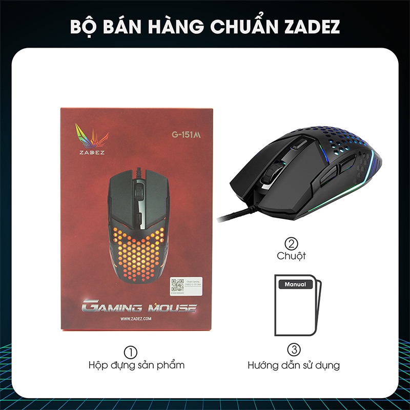 Chuột Gaming 7200 DPI Đèn LED RGB Hỗ Trợ Macro ZADEZ G-151M 6 Nút Chức Năng Lập Trình Qua Driver | Hàng Chính Hãng