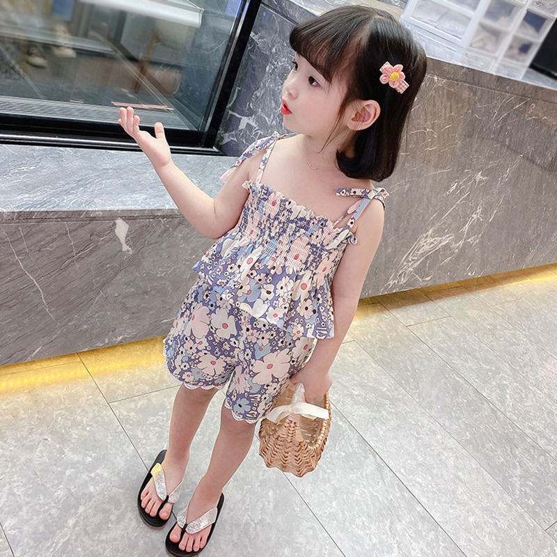 Bộ Áo Hai Dây In Hoa + Quần Short Phong Cách Phương Tây Thời Trang Mùa Hè Cho Bé Gái
