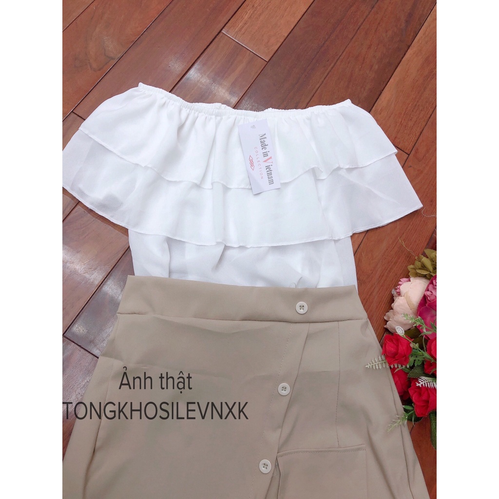 Set Chân Váy Chữ A + Áo Trễ Vai 2 Tầng Bèo - Chân Váy Vạt Chéo Đính Nút Mix Áo Bẹt Vai Trắng Be Nâu Cam