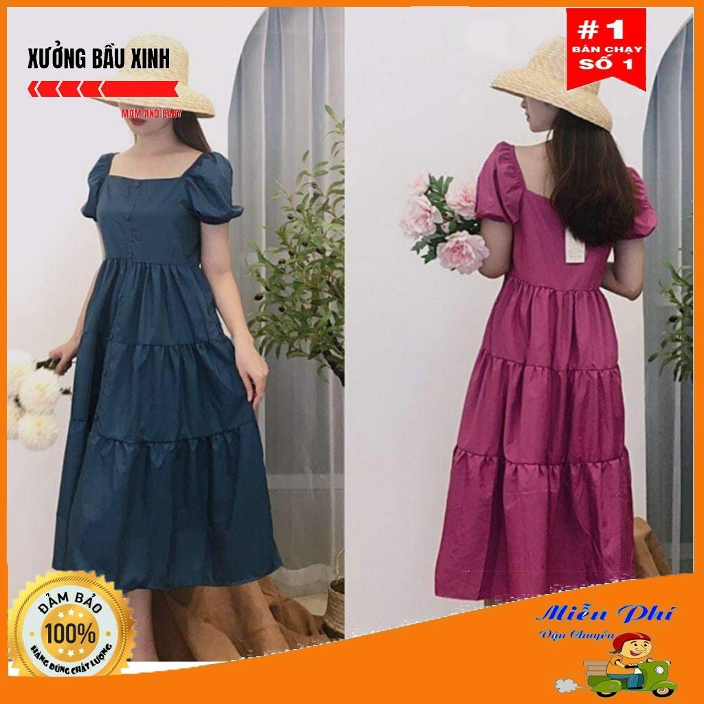 Váy bầu thời trang thiết kế M145 chất lụa hàn freesize từ 45 đến 70kg