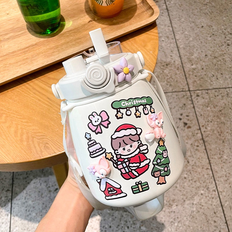 Bình Nước Giữ Nhiệt Cao 1000ML Kèm Ống Hút Dễ Thương Xinh Xắn Dành Cho Nữ