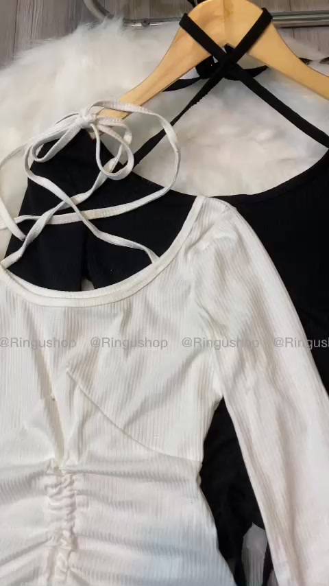 [Mã TOPADD giảm đến 20k đơn 150k] Áo thun body nữ rút eo kiểu tay loa dây chéo cổ chất thun gân- ringu shop | BigBuy360 - bigbuy360.vn