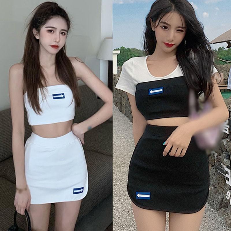 Váy Bộ Áo Thun Dáng Ôm Hở Vai + Chân Váy Thời Trang Quyến Rũ Cho Nữ