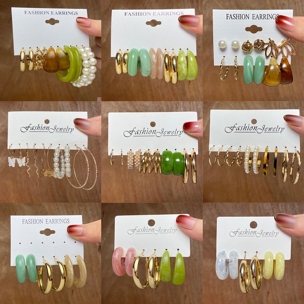 Bộ khuyên tai bằng nhựa resin/hạt ngọc trai giả nhiều màu sắc phong cách hàn quốc thời trang retro cho nữ