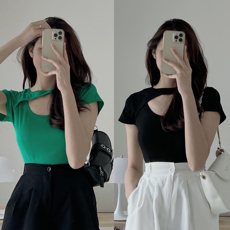 Áo thun kiểu nữ FM Style chất vải thun cotton tay ngắn khoét cổ cực trendy thời trang sexy 205070039