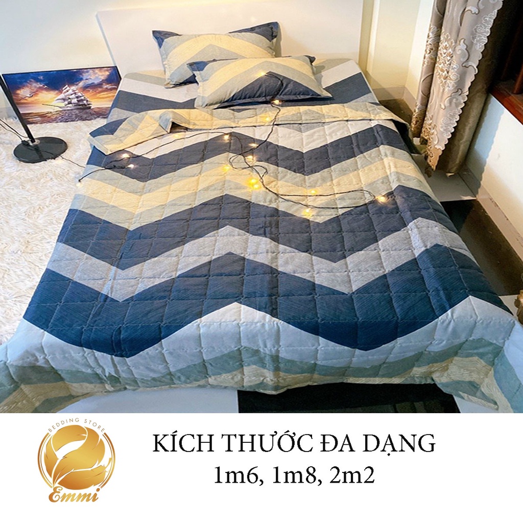 Set ga gối chăn hè chần bông Cotton 5 món EMMIBedding, mẫu Kẻ sóng xám mền cotton họa tiết đáng yêu