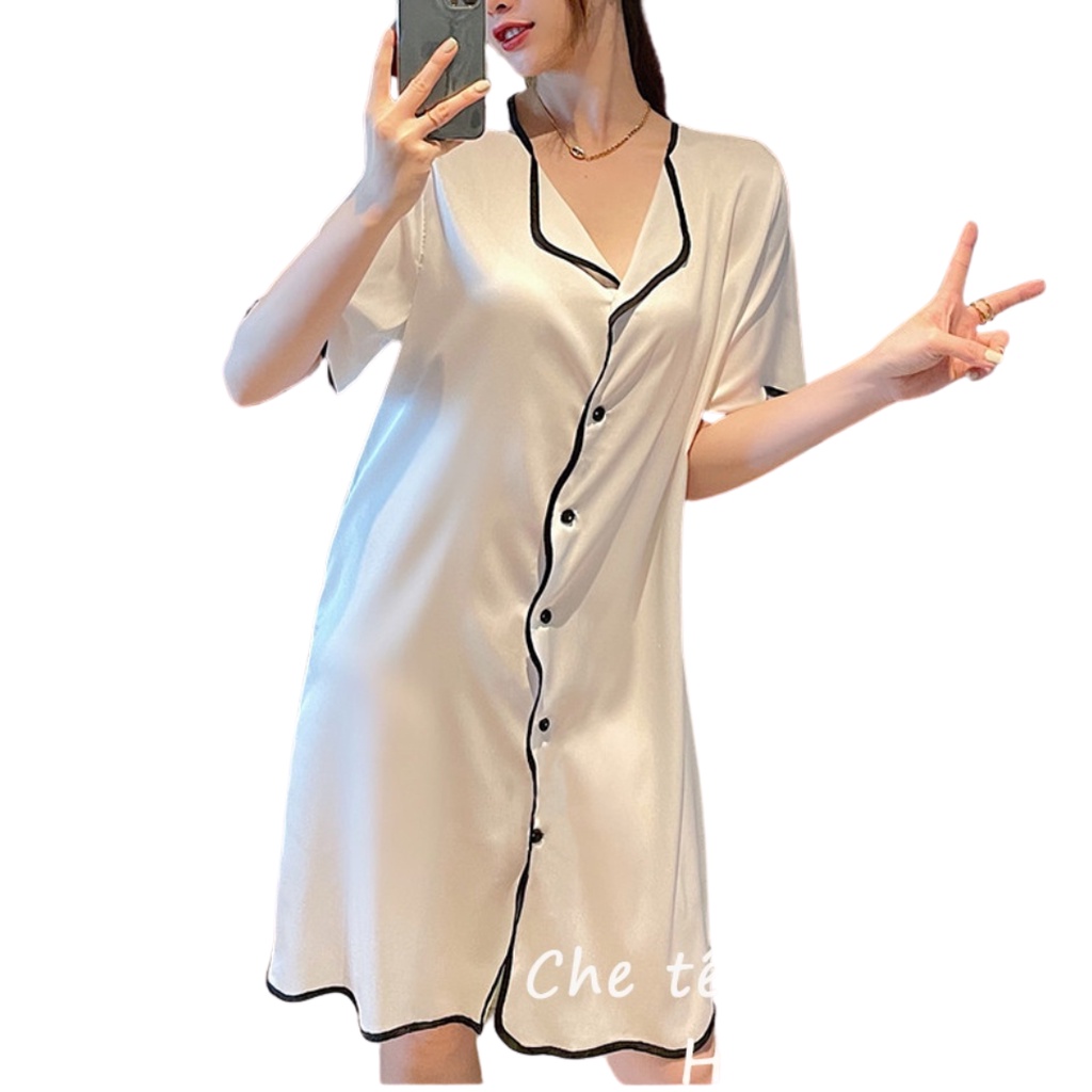 Váy ngủ sexy ❣️Kèm Quần❣️ Đầm Nữ lụa Satin Chất Siêu Mát Dáng Xinh Bộ Mặc Nhà Pijama Cổ Sơ Mi G5