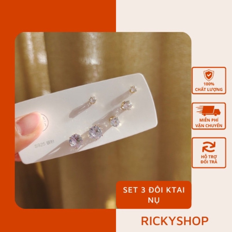 Set 3 đôi Khuyên tai nụ bạc 925 đính đá kiểu dáng lạ mắt độc đáo Phong cách Hàn Quốc