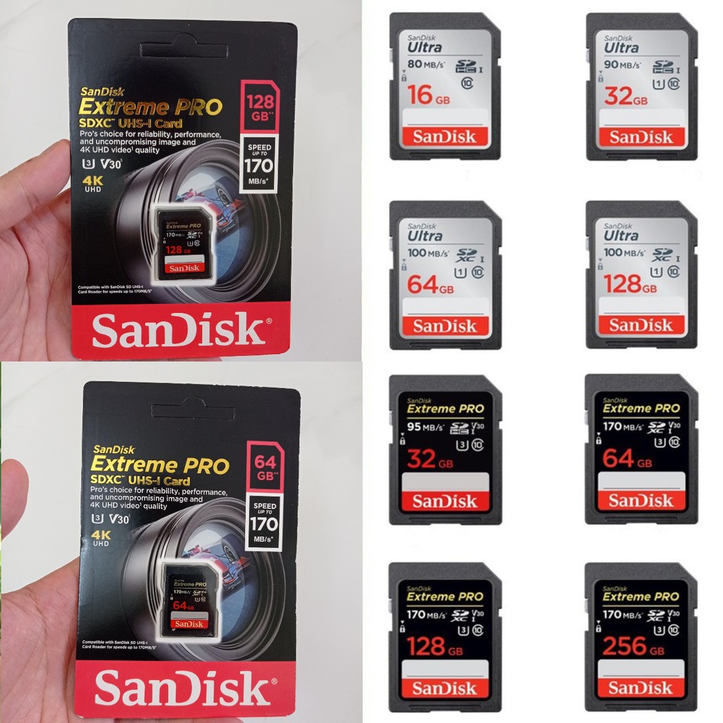 Thẻ nhớ SD Sandisk 128GB 64GB 32GB 16GB Extreme Pro upto 170MB/s