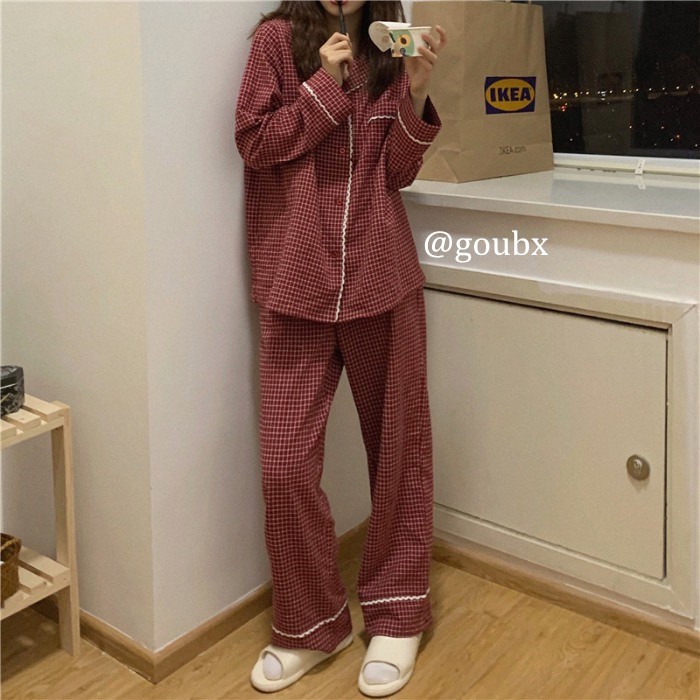 BN2_Bộ Ngủ pijama, đồ mặc nhà dài tay kẻ caro đỏ cao cấp | WebRaoVat - webraovat.net.vn