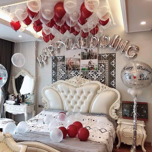 Sét Bóng Trang Trí Phòng Cưới  Phòng Tân Hôn Happy Wedding Tông Màu Trắng Đỏ Mã 01