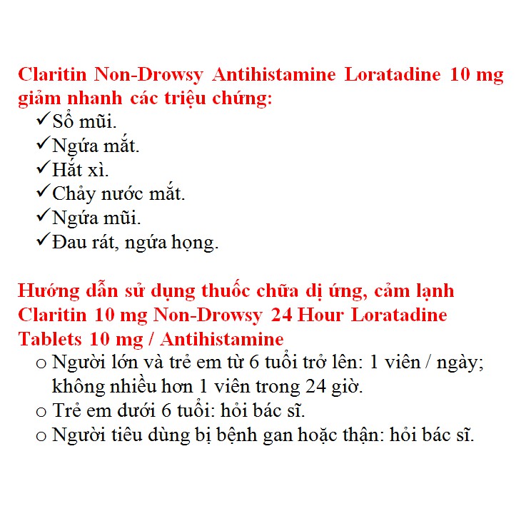 [DATE 6/2022] Claritin 24 Hour Non-Drowsy Allergy Relief Tablets 10 mg SET TÁCH LẺ 10 VIÊN