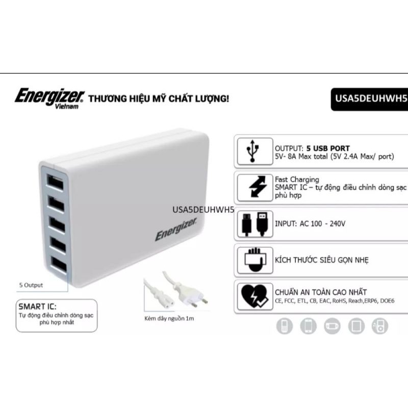 Củ Sạc Energizer 5USB =  8A - 40W