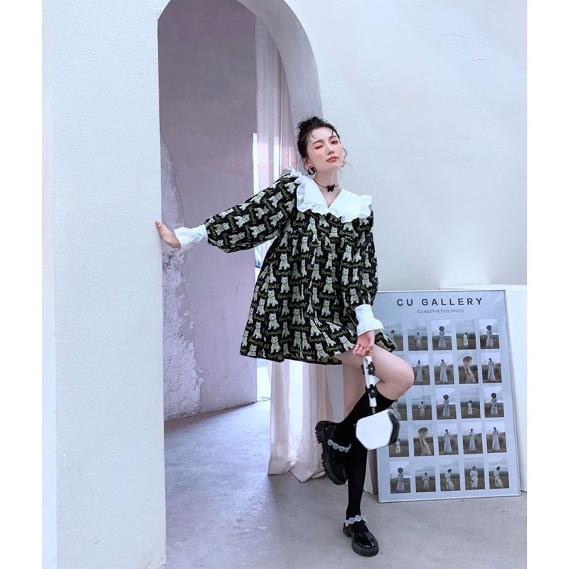 Đầm babydoll tay dài cổ bèo hoạ tiết cún đáng yêu sang chảnh