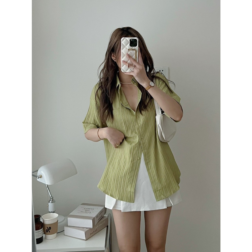 Áo Sơ Mi Xốp Ngắn Tay Sơ Mi Form Rộng Gân Sọc Có Dây Buộc Nơ Lưng XONXEN 23 LÊ DUẨN freesize Mã 067