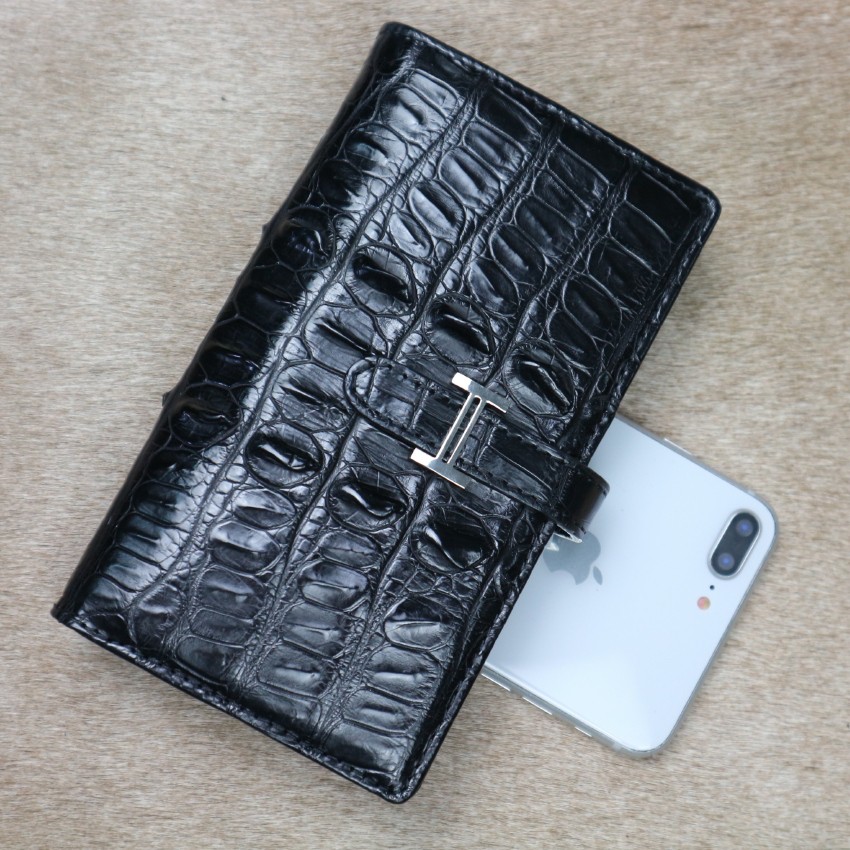 Ví nữ da cá sấu thật Konavis cao cấp màu đen thiết kế sang trọng - CW26-01