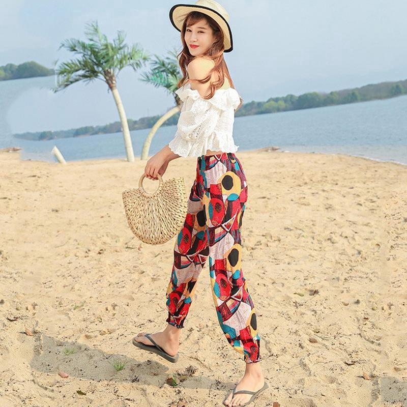 Quần dài ống túm bằng cotton mỏng phong cách bohemian cho nữ
