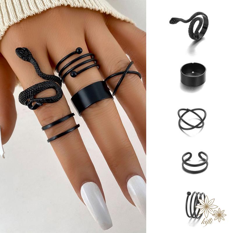 Bộ 5 Nhẫn Hình Rắn Đen Có Thể Điều Chỉnh Kích Cỡ Thời Trang Unisex