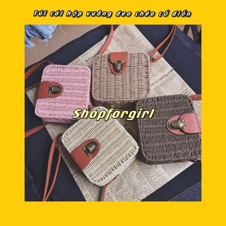 Túi cói hộp vuông đeo chéo cổ điển nhiều màu-SHOPFORGIRL