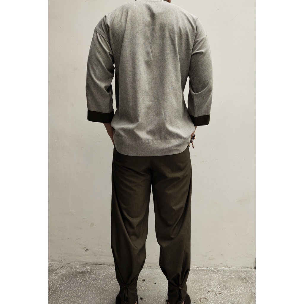 Đồ lam đi chùa nam  quần áo đi chùa màu xám - xanh rêu LAMINA