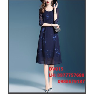 Đầm voan đầm dài qua gối đầm thêu trung niên u50 u40 dv015