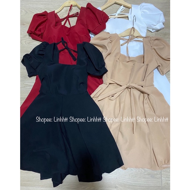 Đầm tay phồng cổ vuông có mút ngực, có túi Linh Htt