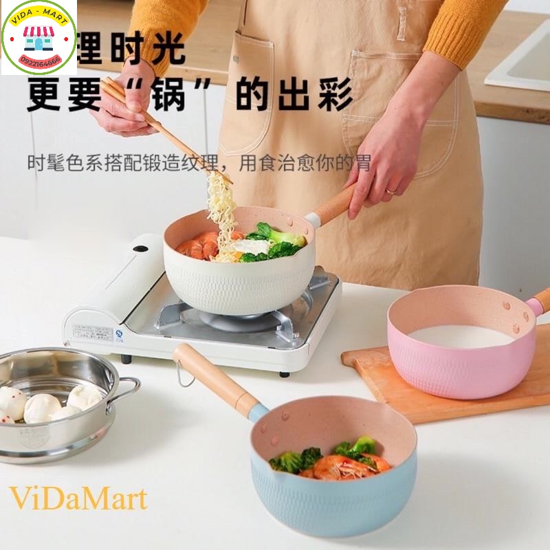 Chảo Đá Đáy Từ Chống Dính Sâu Lòng Tay Cầm Gỗ Dài Pastel - Chảo Chống Dính Lúa Mạch 18cm -  Đa Năng Tiện Dụng (SP002063)