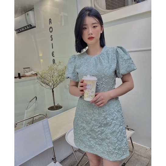 Đầm đi tiệc đầm gấm xốp tay phồng, Váy đi tiệc thắt nơ hở lưng tay bồng phong cách công chúa tiểu thư size S M L