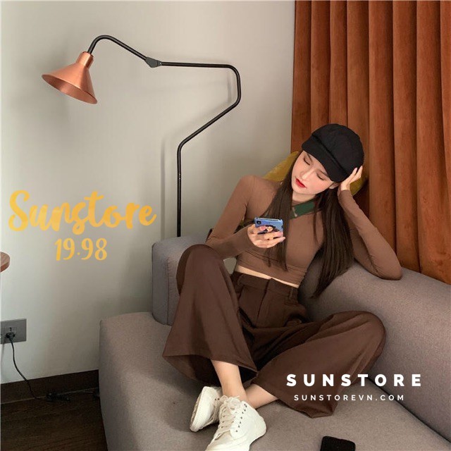 Quần ống rộng suông cài nút và áo croptop form ôm màu nâu ulzzang | BigBuy360 - bigbuy360.vn