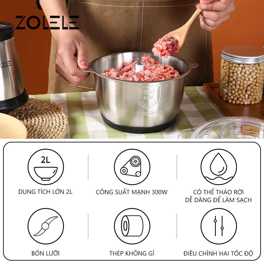 Máy xay thịt ZOLELE 2L xay thịt, xử lý nhanh thực phẩm nhà bếp