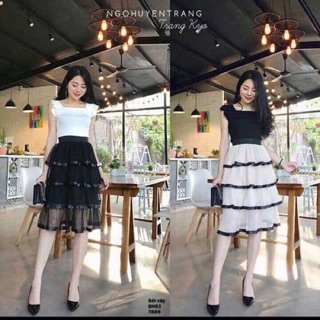Sét váy bèo chân váy bi xếp tầng