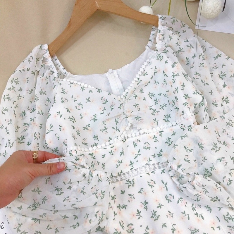 Đầm hoa nhí tay dài vintage tay phồng viền ren dáng ngắn xòe hoa xanh